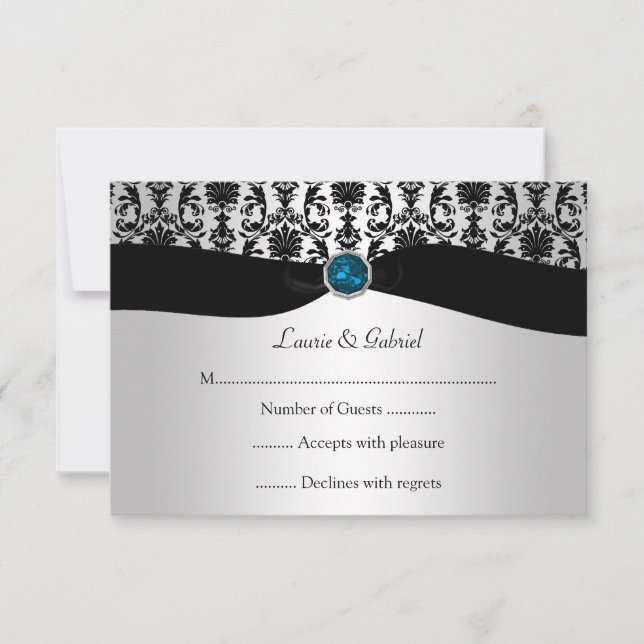 Black Silver Damask Blue Topaz Jewel RSVP Invitati (Front)