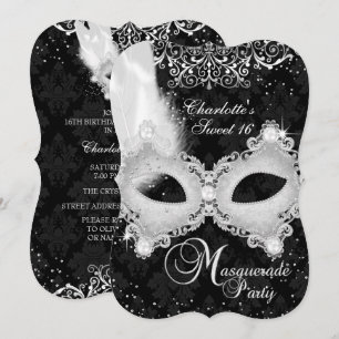 Black Silver Damask Mask Masquerade Sweet 16 Invitation