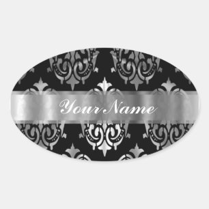 Black & silver damask oval sticker
