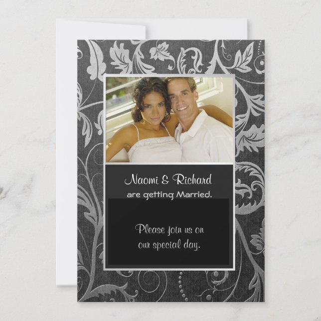Black & Silver Damask Photo Invitation (Front)
