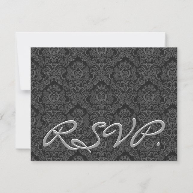 Black & Silver Damask RSVP Wedding Response Card (Front)