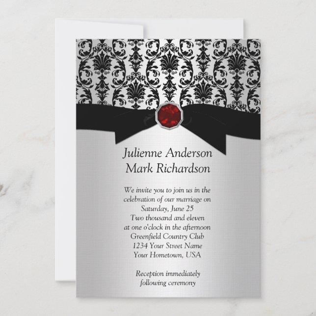 Black Silver Damask Ruby Wedding Invitatio Invitation (Front)