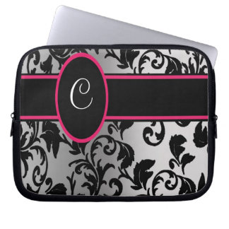 Black & Silver Damask with Black and Pink Laptop Sleeve