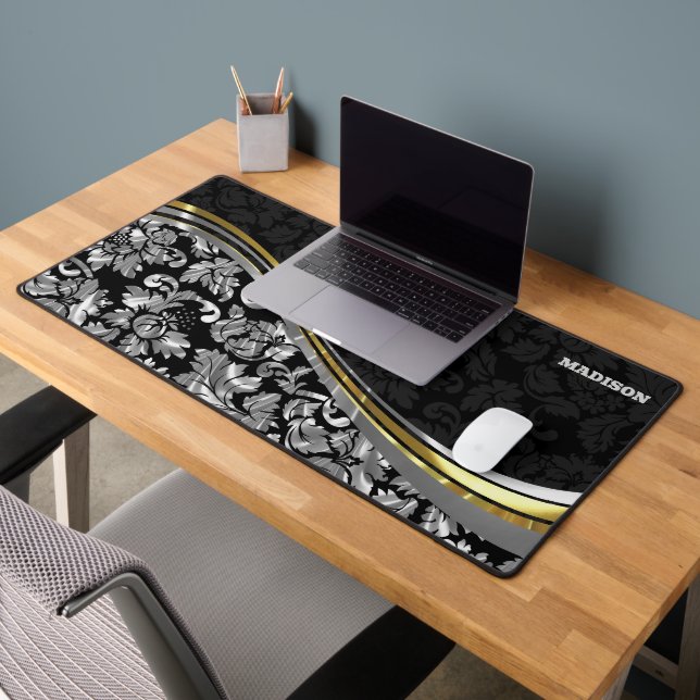 Black & Silver Damasks Gold Accents Desk Mat (Office 2)