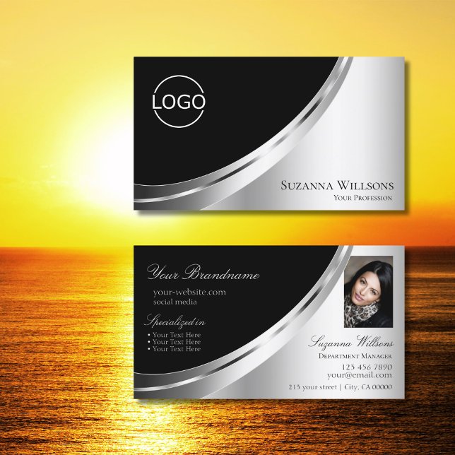 Black Silver Decor with Logo and Photo Eye Catcher Business Card (Creator Uploaded)