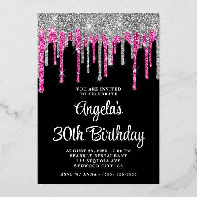 Black Silver Deep Pink Glitter Drips 30th Birthday (Front)