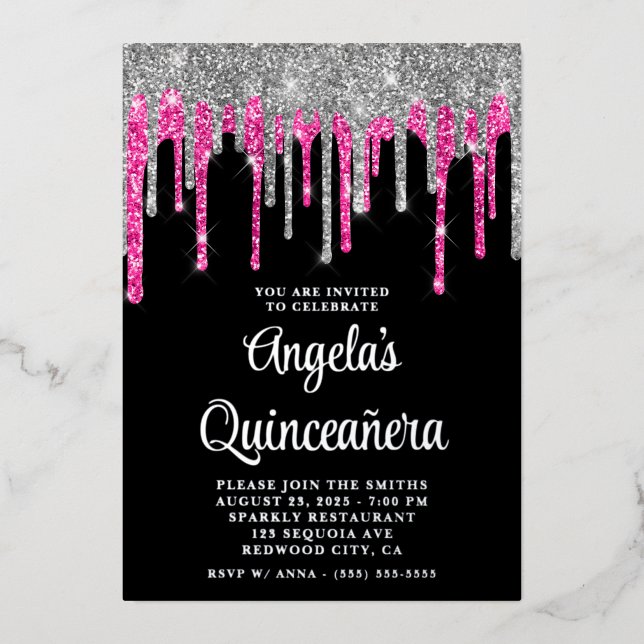 Black Silver Deep Pink Glitter Drips Quinceañera (Front)