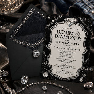 Black Silver Denim & Diamonds Glam Birthday Party Invitation