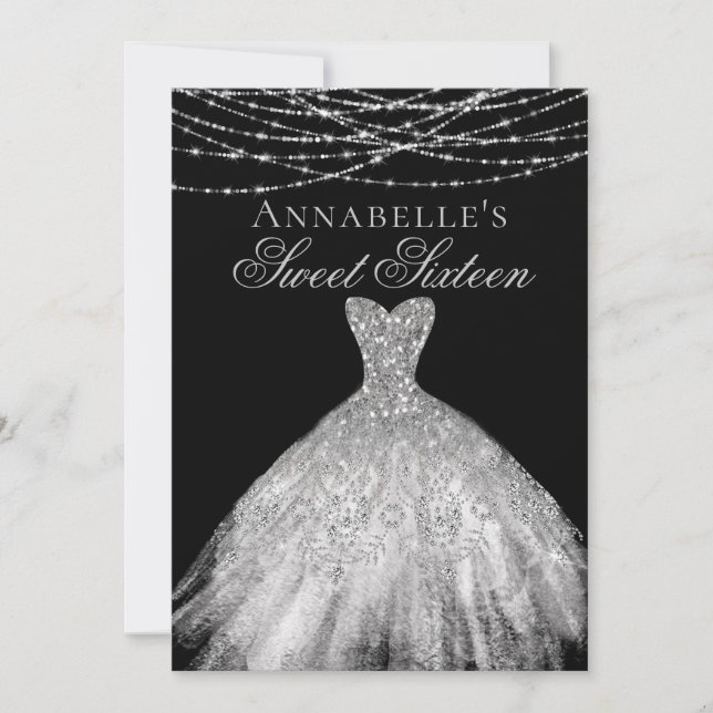 Black & Silver Diamond Sparkle Dress Sweet 16 Invitation (Front)
