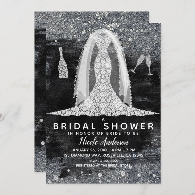 Black Silver Diamond Wedding Dress Bridal Shower Invitation (Front/Back)