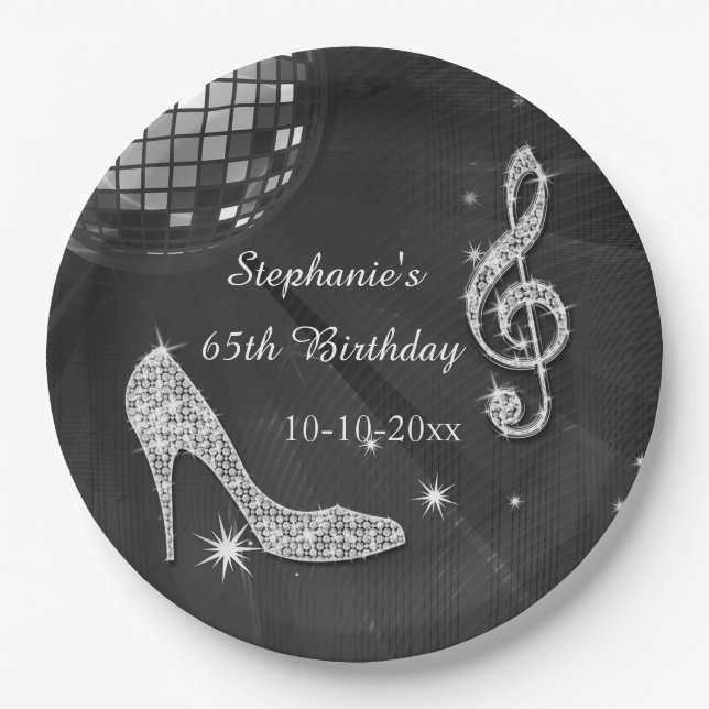 Black/Silver Disco Ball and Heels 65th Birthday Paper Plate (Front)