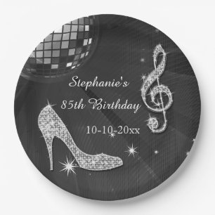 Black/Silver Disco Ball and Heels 85th Birthday Paper Plate