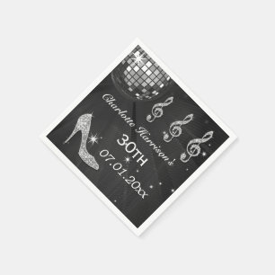 Black/Silver Disco Ball and Sparkle Heels 30th Napkin