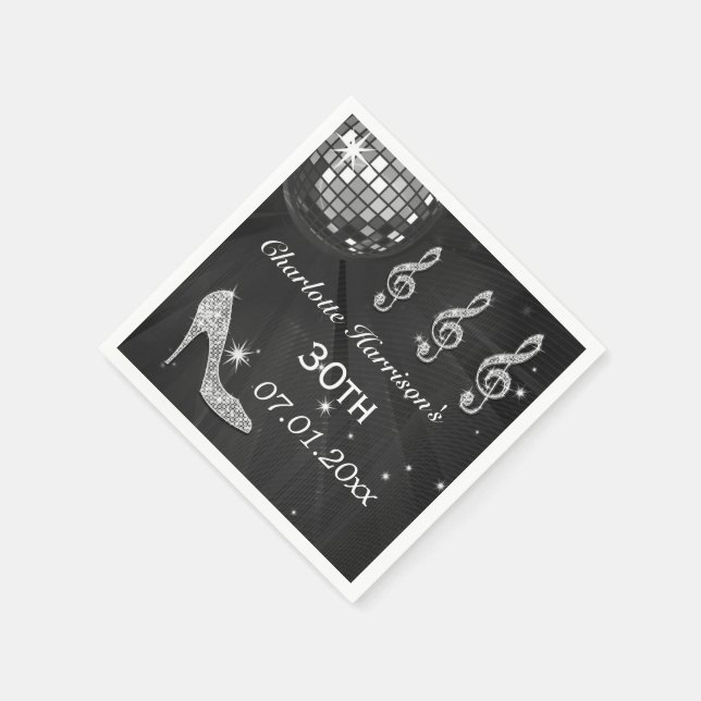 Black/Silver Disco Ball and Sparkle Heels 30th Napkin (Corner)