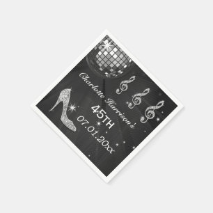 Black/Silver Disco Ball and Sparkle Heels 45th Napkin