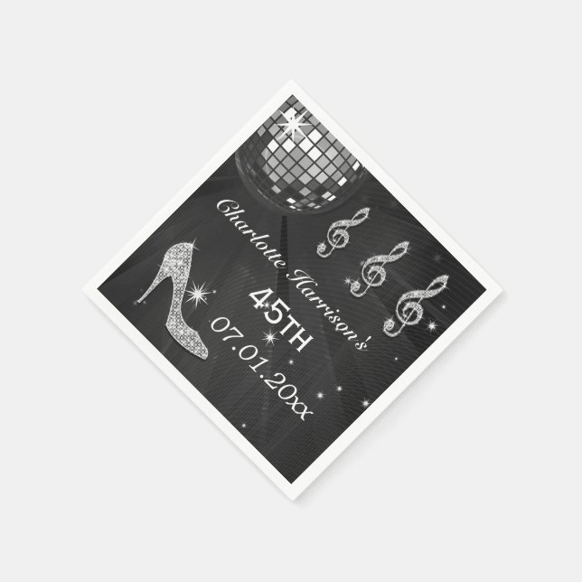 Black/Silver Disco Ball and Sparkle Heels 45th Napkin (Corner)