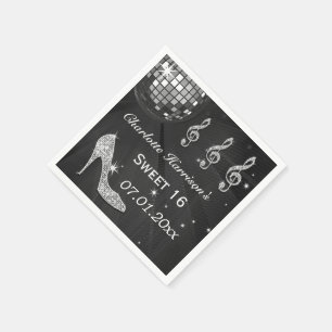 Black/Silver Disco Ball and Sparkle Heels Sweet 16 Napkin
