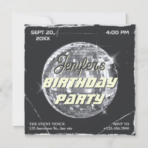Black silver disco party ball grunge birthday invitation