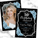 Black Silver Dusty Blue Photo 50th Birthday Invitation<br><div class="desc">Elegant floral 50th birthday invitation with your photo at the back of the card. Glam black and dusty blue design with faux glitter silver. Features light blue roses, script font and confetti. Perfect for a stylish adult bday celebration party. Personalise with your own details. Can be customised for any age!...</div>