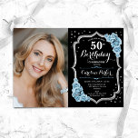 Black Silver Dusty Blue Photo 50th Birthday Invitation<br><div class="desc">Elegant floral 50th birthday invitation with your photo. Glam black dusty light blue design with faux glitter silver. Features blue roses, script font and confetti. Perfect for a stylish adult bday celebration party. Personalise with your own details. Can be customised for any age! Printed Zazzle invitations or instant download digital...</div>
