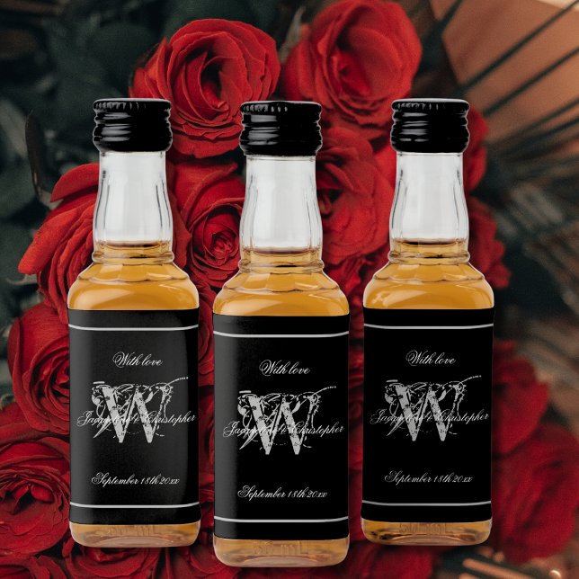  Black & Silver Elegant Monogram Chic Wedding Mini Liquor Bottle Label (Black and Silver Elegant Monogram Chic Wedding Mini Liquor Bottle Labels.)