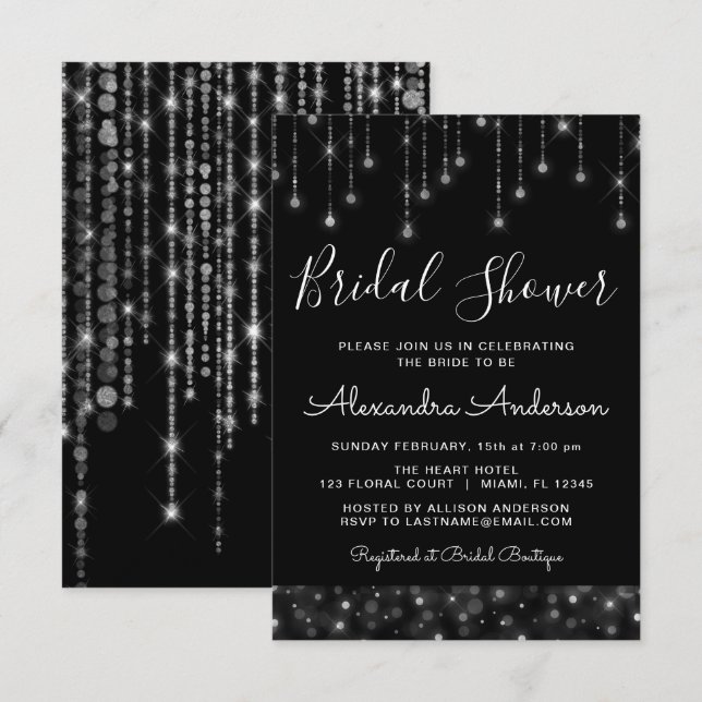 Black Silver Elegant String Lights Bridal Shower Invitation (Front/Back)