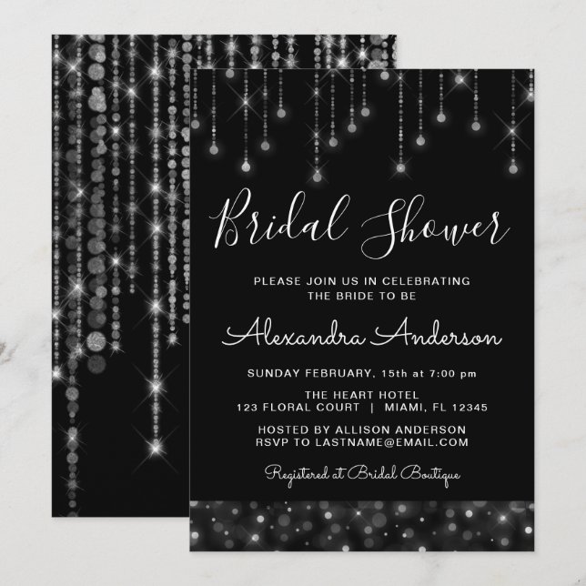 Black Silver Elegant String Lights Bridal Shower Invitation (Front/Back)