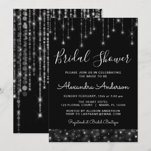 Black Silver Elegant String Lights Bridal Shower Invitation