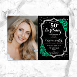 Black Silver Emerald Green Photo 50th Birthday Invitation<br><div class="desc">Elegant floral 50th birthday invitation with your photo. Glam black & emerald green design with faux glitter silver. Features green roses, script font and confetti. Perfect for a stylish adult bday celebration party. Personalise with your own details. Can be customised for any age! Printed Zazzle invitations or instant download digital...</div>