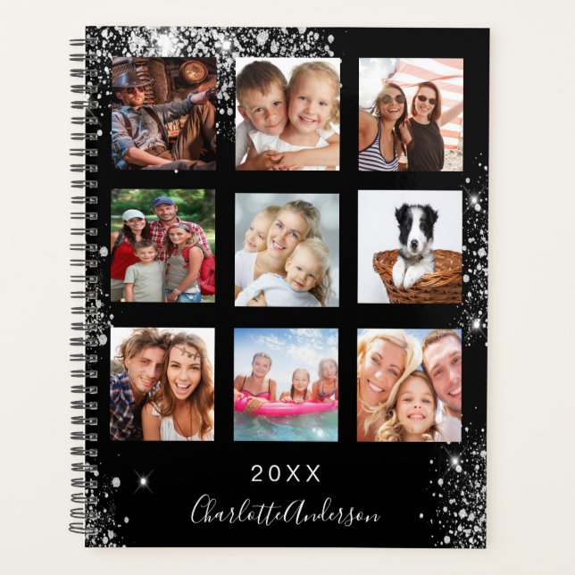 Black silver family photo collage name 2026 planner (Front)