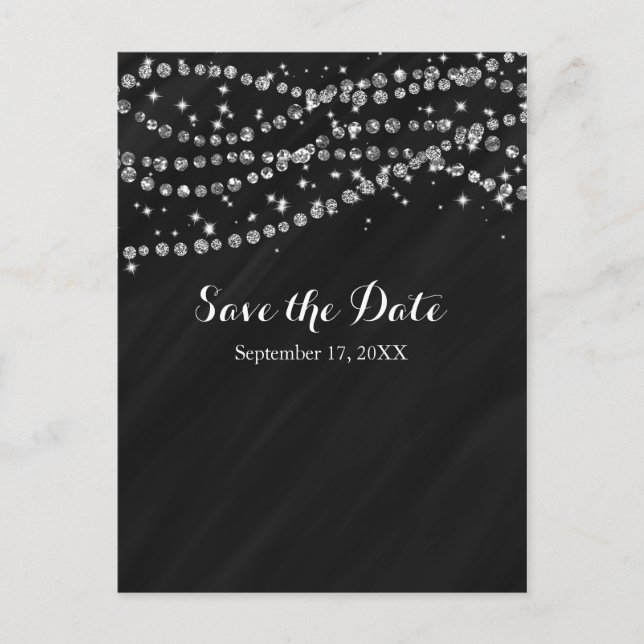 Black & Silver Faux Diamond Bling Save The Date Announcement Postcard (Front)