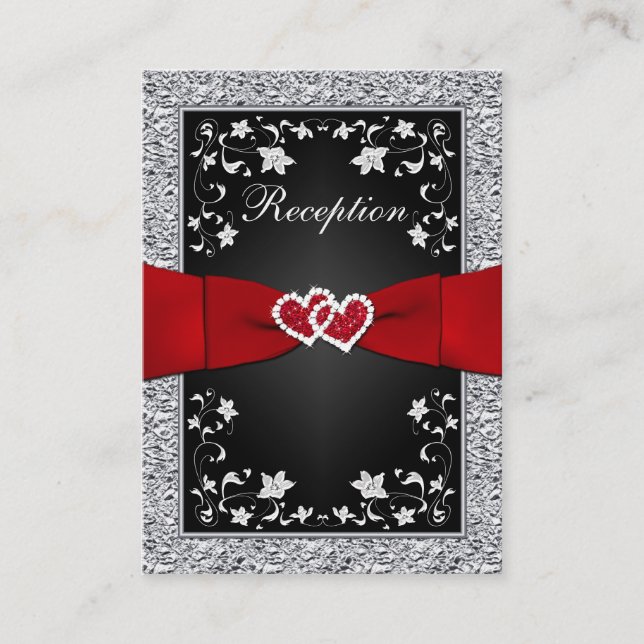 Black Silver FAUX Foil, Floral, Red Reception Card (Front)