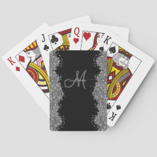 Black Silver Faux Glitter Grey Modern Monogram Playing Cards