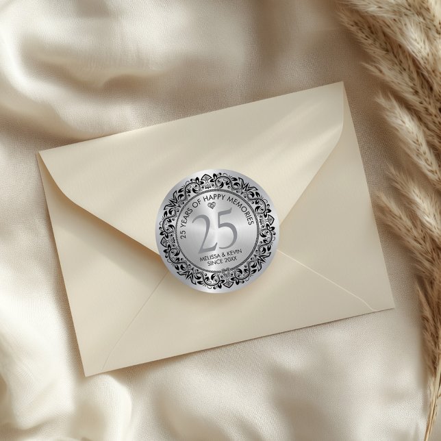 Black Silver Floral Circle Silver Wedding Classic Round Sticker (Creator Uploaded)