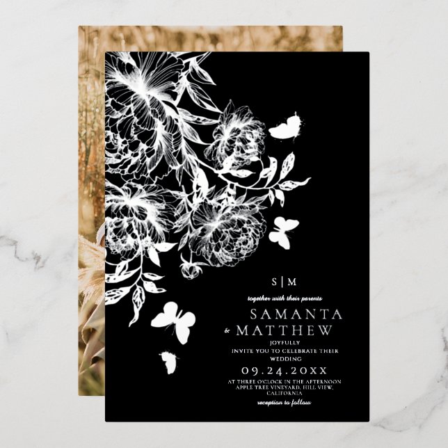 Black & Silver ⎮Floral Modern Minimalist Wedding (Front/Back)