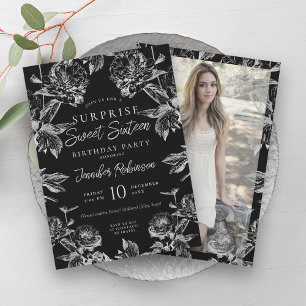 Black Silver Floral Photo SURPRISE Sweet 16   Invitation