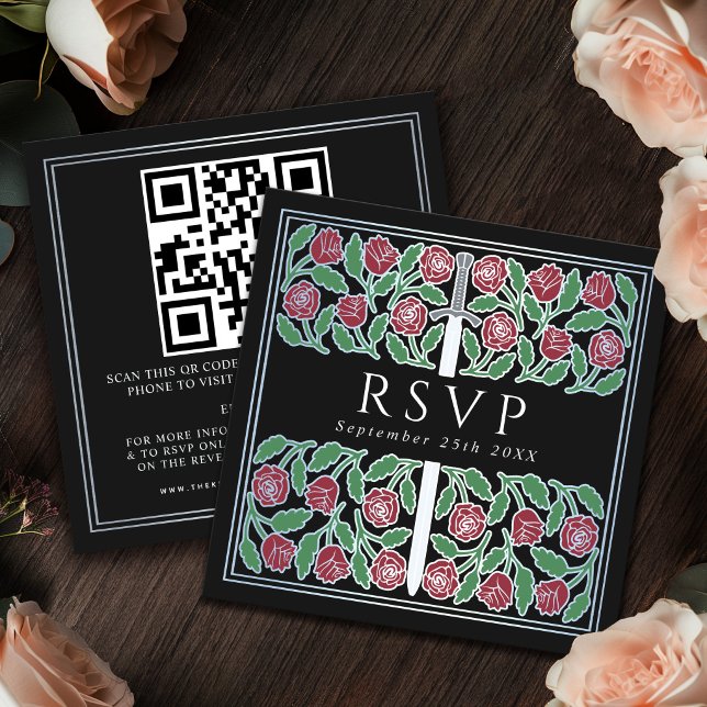 Black Silver Floral Royal Wedding RSVP QR Code  Enclosure Card (Creator Uploaded)