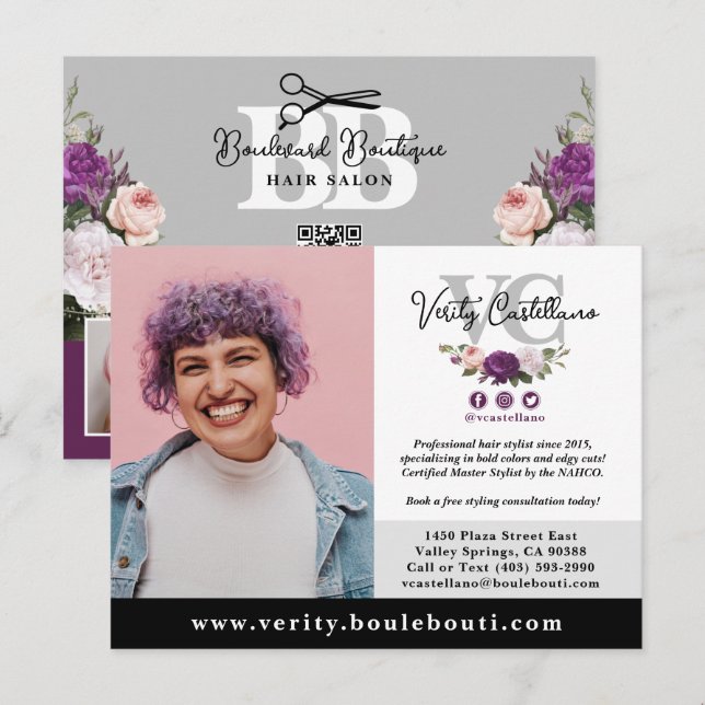 Black Silver Floral Salon Stylist Photo Marketing Postcard (Front/Back)