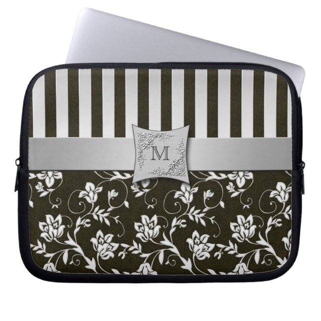 Black, Silver Floral Striped Laptop Sleeve (Front)