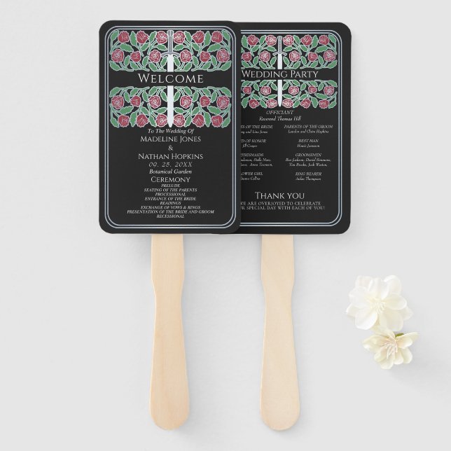 Black Silver Floral Sword Royal Wedding Program Hand Fan (Front and Back)