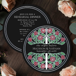 Black Silver Floral Sword Royal Wedding Rehearsal Invitation