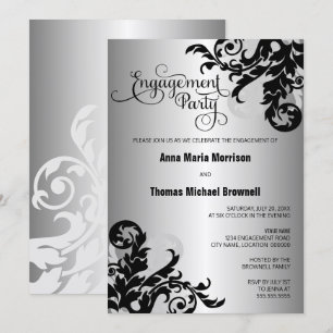 Black Silver Flourish Engagement Party Invitation