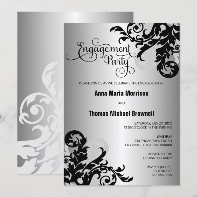 Black Silver Flourish Engagement Party Invitation (Front/Back)