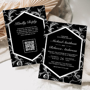 Black Silver Flourish Swirl QR Code Wedding Invitation