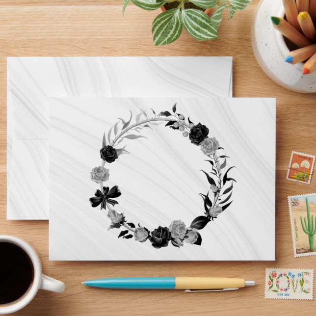 black & silver  flowers wreath marble wedding envelope (Desk)