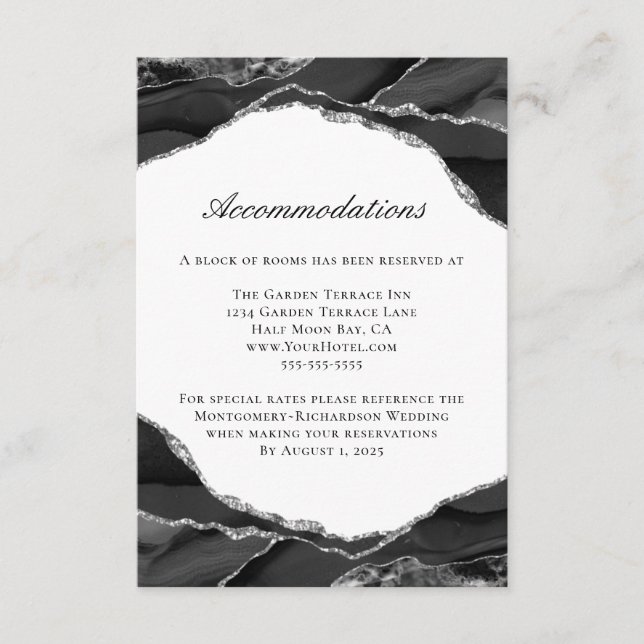 Black Silver Foil Agate Wedding Accommodations Enclosure Card (Front)