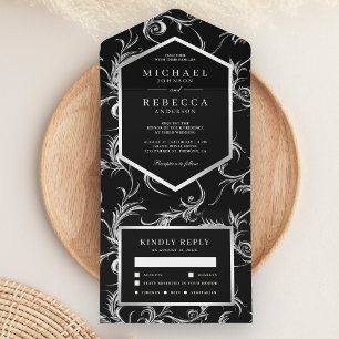 Black Silver Foil Flourish Swirl Wedding All In One Invitation