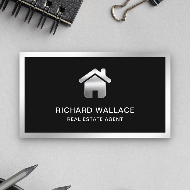 Black Silver Foil Home Logo Real Estate Agent Business Card (Creator Uploaded)