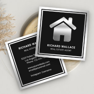 Black Silver Foil Home Logo Real Estate Agent Square Business Card