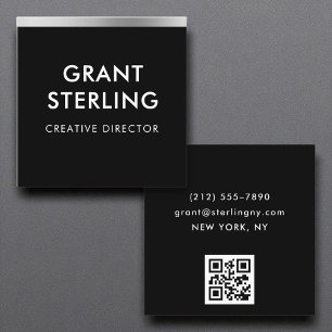 Black Silver Foil Minimal Typography QR Code Square Business Card